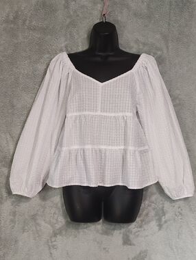Women's White Textured V-Neck Peasant Blouse